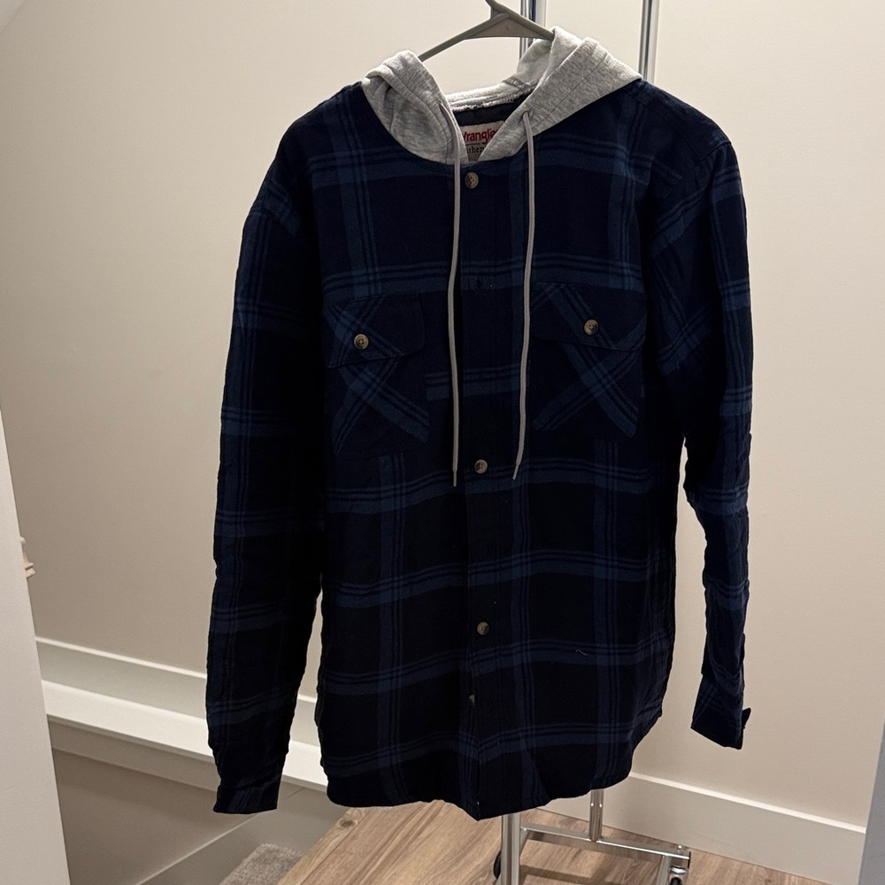 Wrangler Blue Plaid Shirt Jacket with Gray Hood